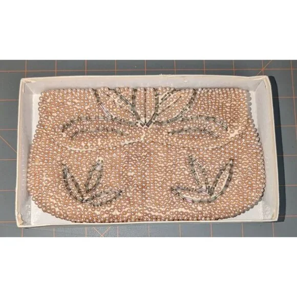 Vintage Pearl Beaded Clutch Floral Design made in Japan 4x7 Inches - Picture 1 of 11